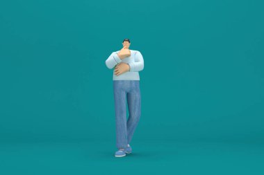 Çizgi film karakteri kot pantolon ve uzun gömlek giyiyor. O, konuşurken vücudunun ve elinin ifadesidir. Oyunculukta 3d canlandırma.