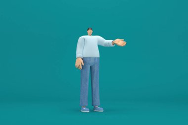 Çizgi film karakteri kot pantolon ve uzun gömlek giyiyor. O, konuşurken vücudunun ve elinin ifadesidir. Oyunculukta 3d canlandırma.