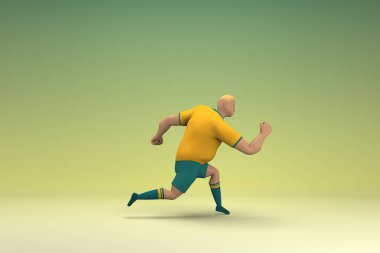 Sarı gömlek ve yeşil pantolon giyen bir atlet koşuyor. Oyunculuktaki çizgi film karakterinin 3d canlandırması.