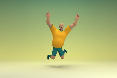 Sarı gömlek ve yeşil pantolon giyen bir atlet atlıyor. Oyunculuktaki çizgi film karakterinin 3d canlandırması.