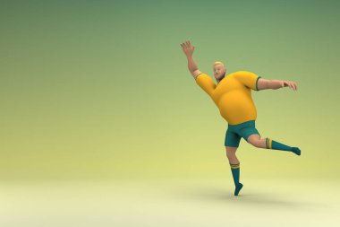 Sarı gömlek ve yeşil pantolon giyen bir atlet. Egzersiz yapıyor. Oyunculuktaki çizgi film karakterinin 3d canlandırması.