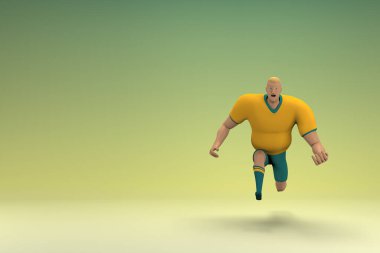 Sarı gömlek ve yeşil pantolon giyen bir atlet atlıyor. Oyunculuktaki çizgi film karakterinin 3d canlandırması.