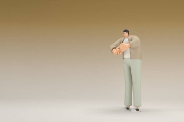 Kahverengi bez giyen gözlüklü bir adam. O, konuşurken el ifadesidir. Oyunculuktaki çizgi film karakterinin 3d canlandırması.