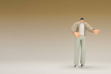 Kahverengi bez giyen gözlüklü bir adam. O, konuşurken el ifadesidir. Oyunculuktaki çizgi film karakterinin 3d canlandırması.