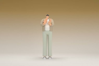 Kahverengi bez giyen gözlüklü bir adam. O, konuşurken el ifadesidir. Oyunculuktaki çizgi film karakterinin 3d canlandırması.