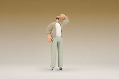 Kahverengi bez giyen gözlüklü bir adam. O, konuşurken el ifadesidir. Oyunculuktaki çizgi film karakterinin 3d canlandırması.