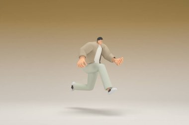 Kahverengi bez giyen gözlüklü bir adam koşuyor. Oyunculuktaki çizgi film karakterinin 3d canlandırması.