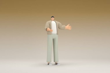 Kahverengi bez giyen gözlüklü bir adam. O, konuşurken el ifadesidir. Oyunculuktaki çizgi film karakterinin 3d canlandırması.