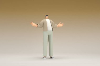 Kahverengi bez giyen gözlüklü bir adam. O, konuşurken el ifadesidir. Oyunculuktaki çizgi film karakterinin 3d canlandırması.