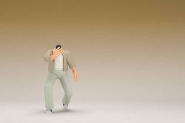 Kahverengi bez giyen gözlüklü bir adam. Üzgün ya da acı çekiyor. Oyunculuktaki çizgi film karakterinin 3d canlandırması.