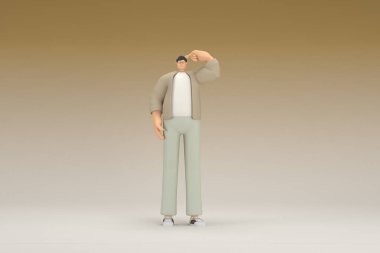 Kahverengi bez giyen gözlüklü bir adam. O, konuşurken el ifadesidir. Oyunculuktaki çizgi film karakterinin 3d canlandırması.