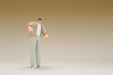 Kahverengi bez giyen gözlüklü bir adam. O, konuşurken el ifadesidir. Oyunculuktaki çizgi film karakterinin 3d canlandırması.