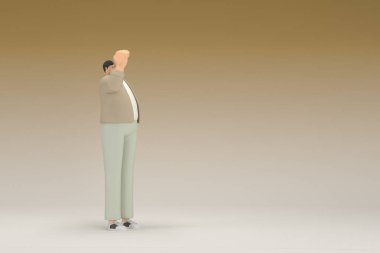 Kahverengi bez giyen gözlüklü bir adam. O, konuşurken el ifadesidir. Oyunculuktaki çizgi film karakterinin 3d canlandırması.