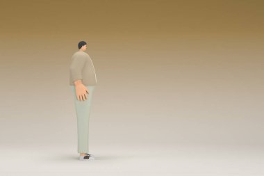 Kahverengi bez giyen gözlüklü bir adam. O, konuşurken el ifadesidir. Oyunculuktaki çizgi film karakterinin 3d canlandırması.