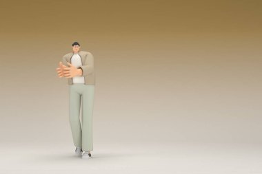 Kahverengi bez giyen gözlüklü bir adam. O, konuşurken el ifadesidir. Oyunculuktaki çizgi film karakterinin 3d canlandırması.