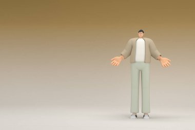 Kahverengi bez giyen gözlüklü bir adam. O, konuşurken el ifadesidir. Oyunculuktaki çizgi film karakterinin 3d canlandırması.