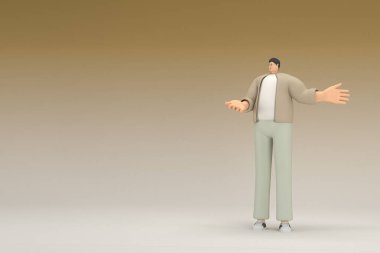 Kahverengi bez giyen gözlüklü bir adam. O, konuşurken el ifadesidir. Oyunculuktaki çizgi film karakterinin 3d canlandırması.