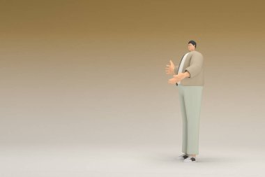 Kahverengi bez giyen gözlüklü bir adam. O, konuşurken el ifadesidir. Oyunculuktaki çizgi film karakterinin 3d canlandırması.