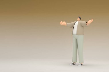 Kahverengi bez giyen gözlüklü bir adam. O, konuşurken el ifadesidir. Oyunculuktaki çizgi film karakterinin 3d canlandırması.