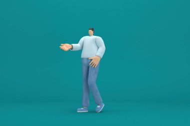 Çizgi film karakteri kot pantolon ve uzun gömlek giyiyor. O, konuşurken vücudunun ve elinin ifadesidir. Oyunculukta 3d canlandırma.