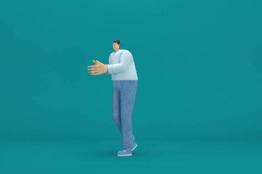 Çizgi film karakteri kot pantolon ve uzun gömlek giyiyor. O, konuşurken vücudunun ve elinin ifadesidir. Oyunculukta 3d canlandırma.