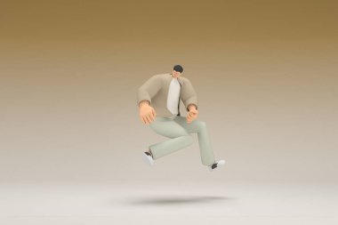 Kahverengi bez giyen gözlüklü bir adam koşuyor. Oyunculuktaki çizgi film karakterinin 3d canlandırması.