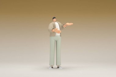 Kahverengi bez giyen gözlüklü bir adam. O, konuşurken el ifadesidir. Oyunculuktaki çizgi film karakterinin 3d canlandırması.