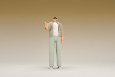 Kahverengi bez giyen gözlüklü bir adam. O, konuşurken el ifadesidir. Oyunculuktaki çizgi film karakterinin 3d canlandırması.