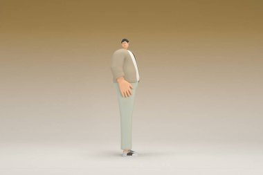 Kahverengi bez giyen gözlüklü bir adam. O, konuşurken el ifadesidir. Oyunculuktaki çizgi film karakterinin 3d canlandırması.