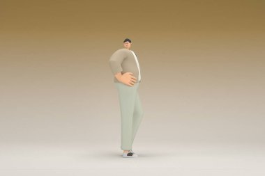 Kahverengi bez giyen gözlüklü bir adam. O, konuşurken el ifadesidir. Oyunculuktaki çizgi film karakterinin 3d canlandırması.