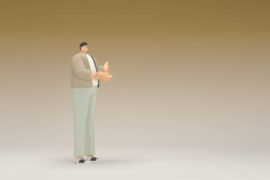 Kahverengi bez giyen gözlüklü bir adam. O, konuşurken el ifadesidir. Oyunculuktaki çizgi film karakterinin 3d canlandırması.