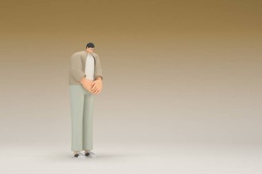 Kahverengi bez giyen gözlüklü bir adam. O, konuşurken el ifadesidir. Oyunculuktaki çizgi film karakterinin 3d canlandırması.