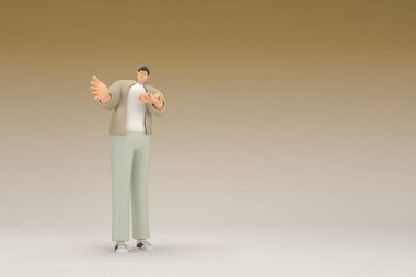 Kahverengi bez giyen gözlüklü bir adam. O, konuşurken el ifadesidir. Oyunculuktaki çizgi film karakterinin 3d canlandırması.