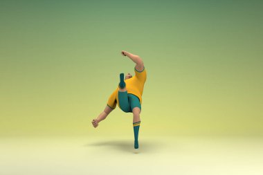 Sarı gömlek ve yeşil pantolon giyen bir atlet. Düşüyor. Düşüyor. Oyunculuktaki çizgi film karakterinin 3d canlandırması.