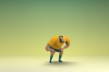 Sarı gömlek ve yeşil pantolon giyen bir atlet. Üzgün ya da acı çekiyor. Oyunculuktaki çizgi film karakterinin 3d canlandırması.