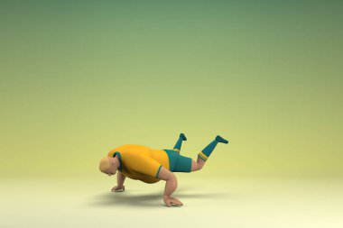 Sarı gömlek ve yeşil pantolon giyen bir atlet. Egzersiz yapıyor. Oyunculuktaki çizgi film karakterinin 3d canlandırması.