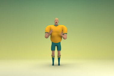 Sarı gömlek ve yeşil pantolon giyen bir atlet konuşurken el ifadesidir. Oyunculuktaki çizgi film karakterinin 3d canlandırması.