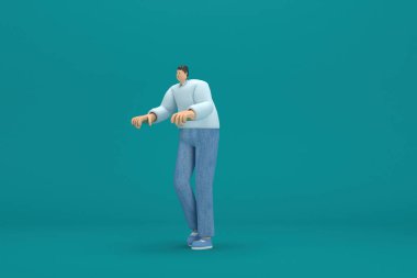 Çizgi film karakteri kot pantolon ve uzun gömlek giyiyor. O, konuşurken vücudunun ve elinin ifadesidir. Oyunculukta 3d canlandırma.