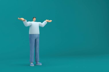 Çizgi film karakteri kot pantolon ve uzun gömlek giyiyor. O, konuşurken vücudunun ve elinin ifadesidir. Oyunculukta 3d canlandırma.