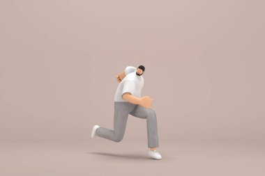 Gri kadife pantolon ve beyaz yakalı tişört giyen sakallı adam. O koşuyor. Oyunculuktaki çizgi film karakterinin 3d canlandırması.