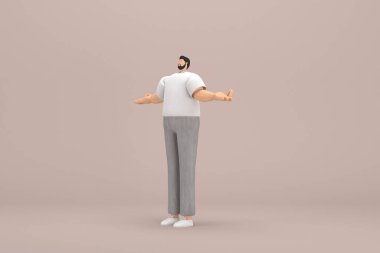 Gri kadife pantolon ve beyaz yakalı tişört giyen sakallı adam. O, konuşurken el ifadesidir. Oyunculuktaki çizgi film karakterinin 3d canlandırması.