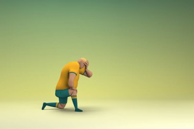 Sarı gömlek ve yeşil pantolon giyen bir atlet. Üzgün ya da acı çekiyor. Oyunculuktaki çizgi film karakterinin 3d canlandırması.