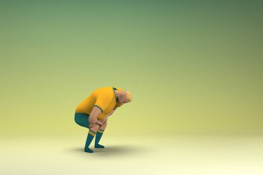 Sarı gömlek ve yeşil pantolon giyen bir atlet. Üzgün ya da acı çekiyor. Oyunculuktaki çizgi film karakterinin 3d canlandırması.