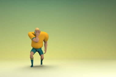 Sarı gömlek ve yeşil pantolon giyen bir atlet. Üzgün ya da acı çekiyor. Oyunculuktaki çizgi film karakterinin 3d canlandırması.