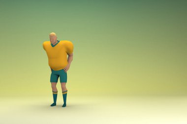 Sarı gömlek ve yeşil pantolon giyen bir atlet. Üzgün ya da acı çekiyor. Oyunculuktaki çizgi film karakterinin 3d canlandırması.