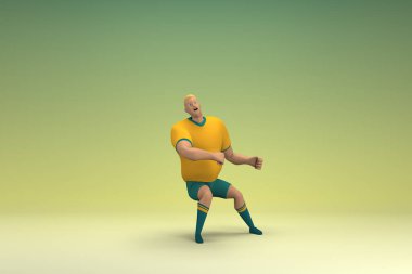 Sarı gömlek ve yeşil pantolon giyen bir atlet. Bir şey çekiyor ya da itiyor. Oyunculuktaki çizgi film karakterinin 3d canlandırması.