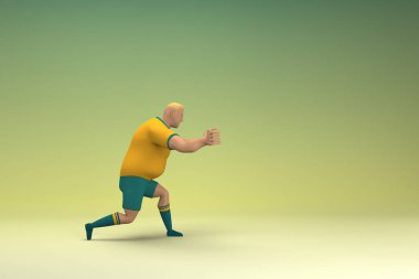 Sarı gömlek ve yeşil pantolon giyen bir atlet. Bir şey çekiyor ya da itiyor. Oyunculuktaki çizgi film karakterinin 3d canlandırması.