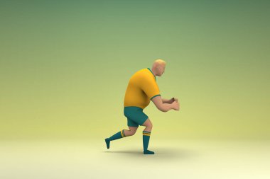 Sarı gömlek ve yeşil pantolon giyen bir atlet. Bir şey çekiyor ya da itiyor. Oyunculuktaki çizgi film karakterinin 3d canlandırması.