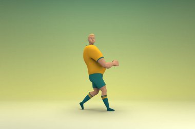 Sarı gömlek ve yeşil pantolon giyen bir atlet. Bir şey çekiyor ya da itiyor. Oyunculuktaki çizgi film karakterinin 3d canlandırması.