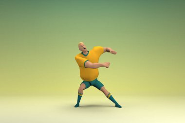 Sarı gömlek ve yeşil pantolon giyen bir atlet. Bir şey çekiyor ya da itiyor. Oyunculuktaki çizgi film karakterinin 3d canlandırması.